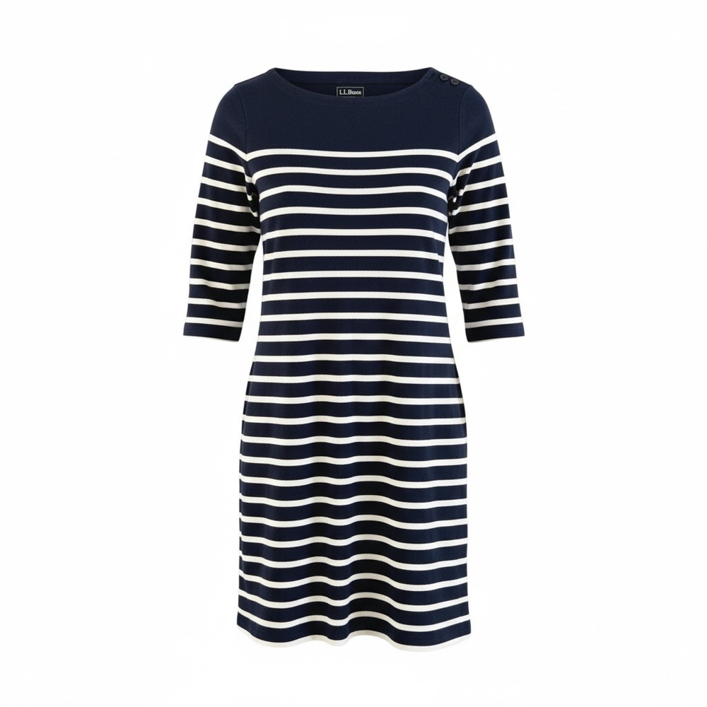 L.L. Bean Heritage‎ Mariner Knit Striped Knee Length Dress 3/4 Sleeve - Small
